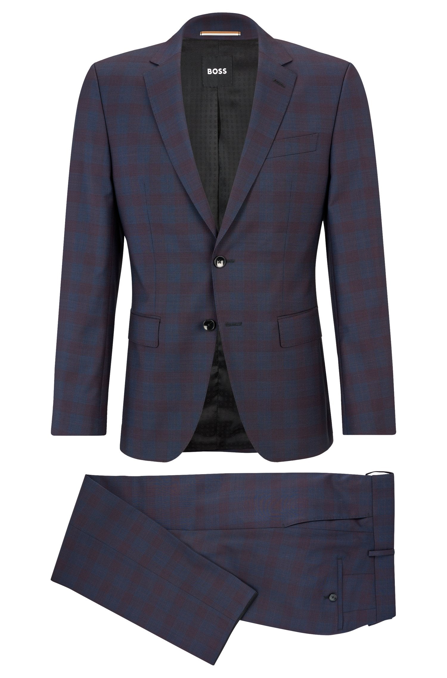 BOSS Slim-Fit Navy/Wine Subtle Check Pattern Suit in Virgin Wool