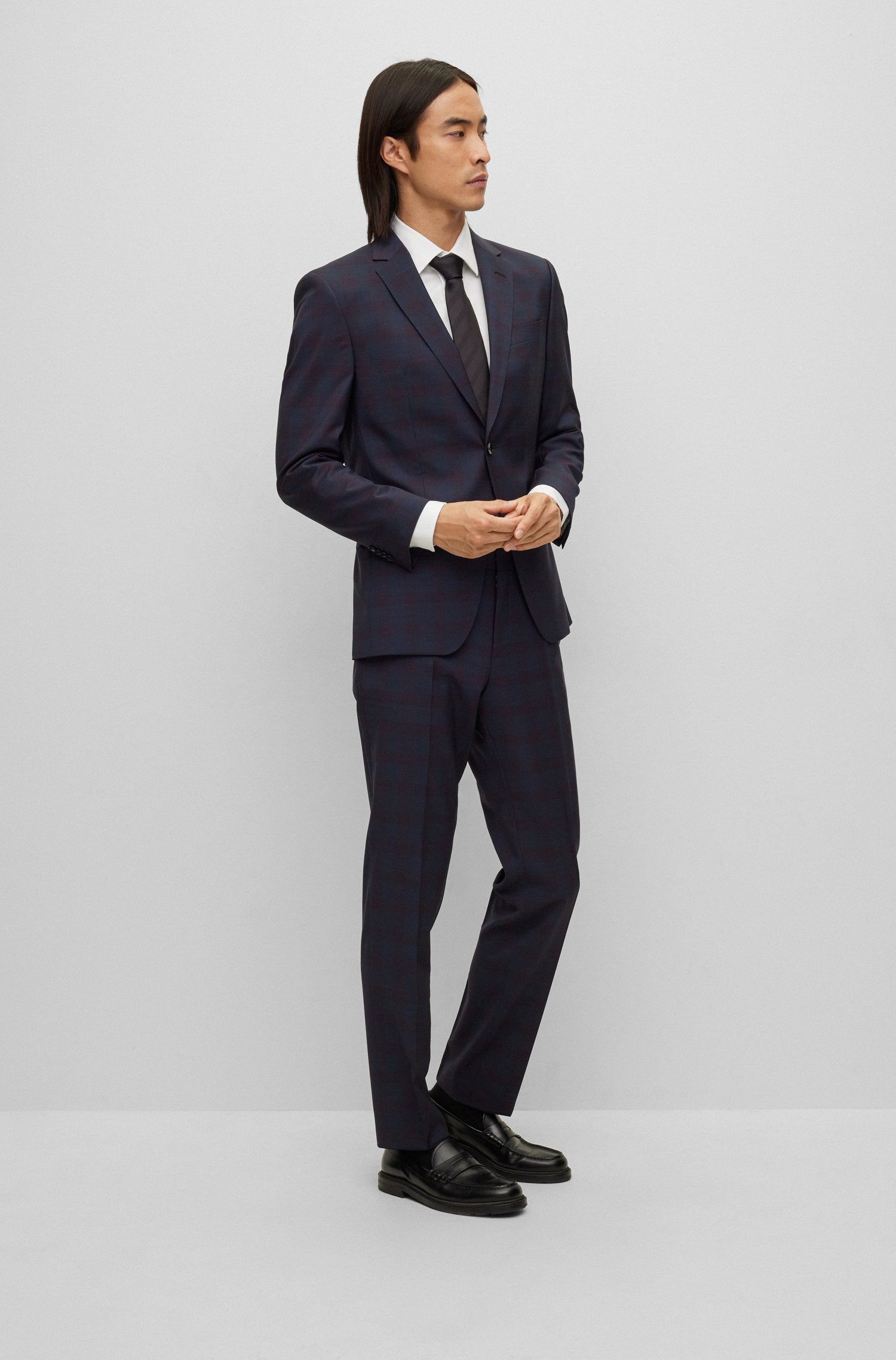 BOSS Slim-Fit Navy/Wine Subtle Check Pattern Suit in Virgin Wool