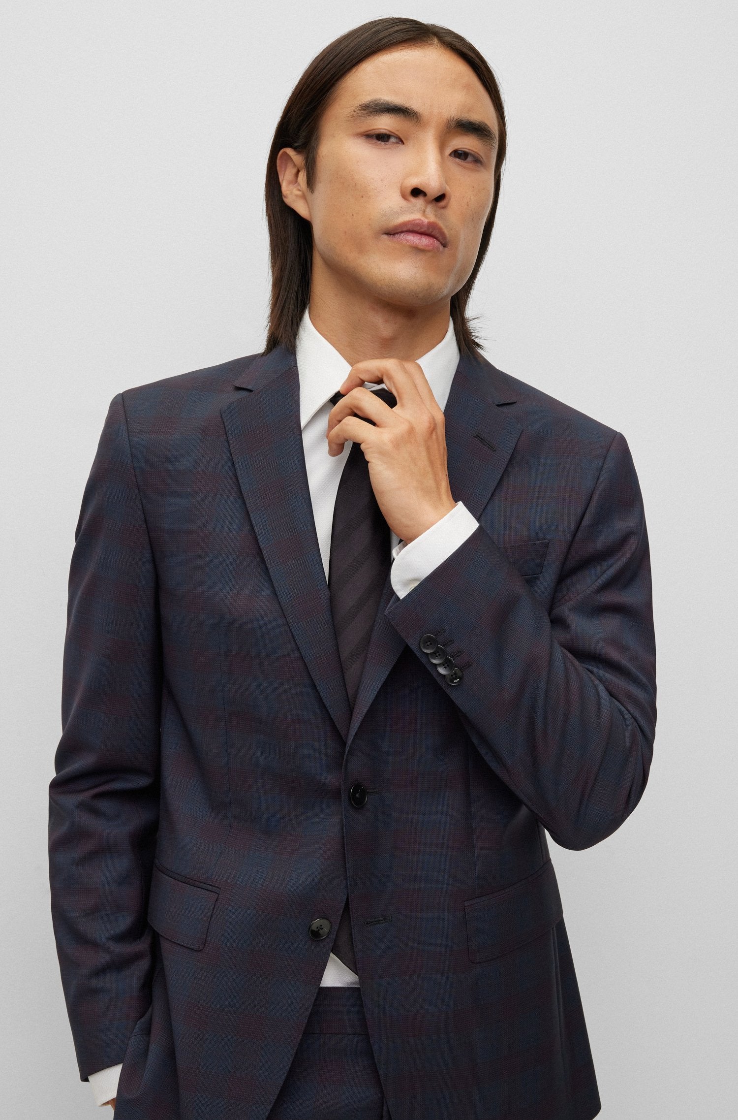 BOSS Slim-Fit Navy/Wine Subtle Check Pattern Suit in Virgin Wool