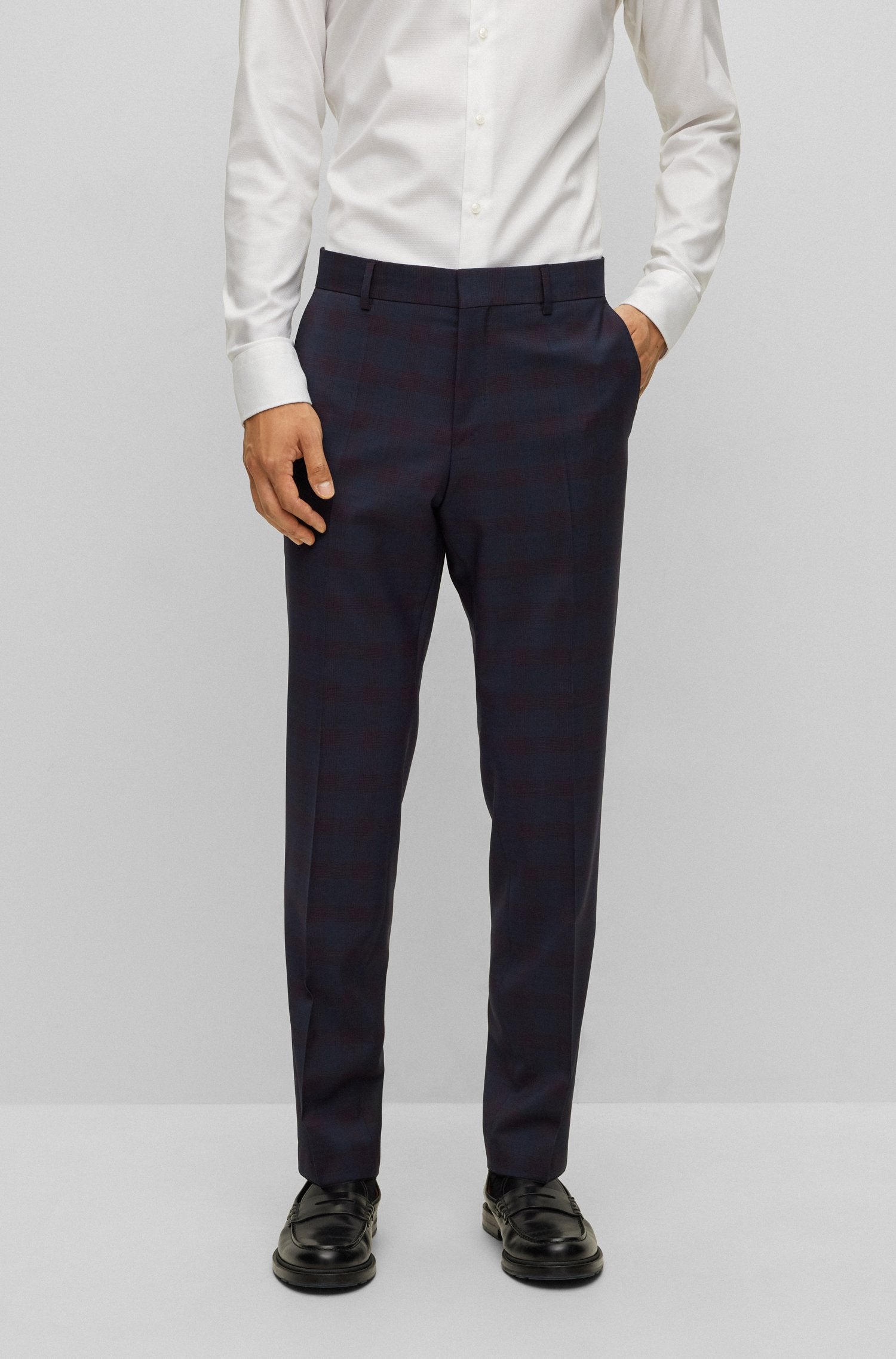 BOSS Slim-Fit Navy/Wine Subtle Check Pattern Suit in Virgin Wool