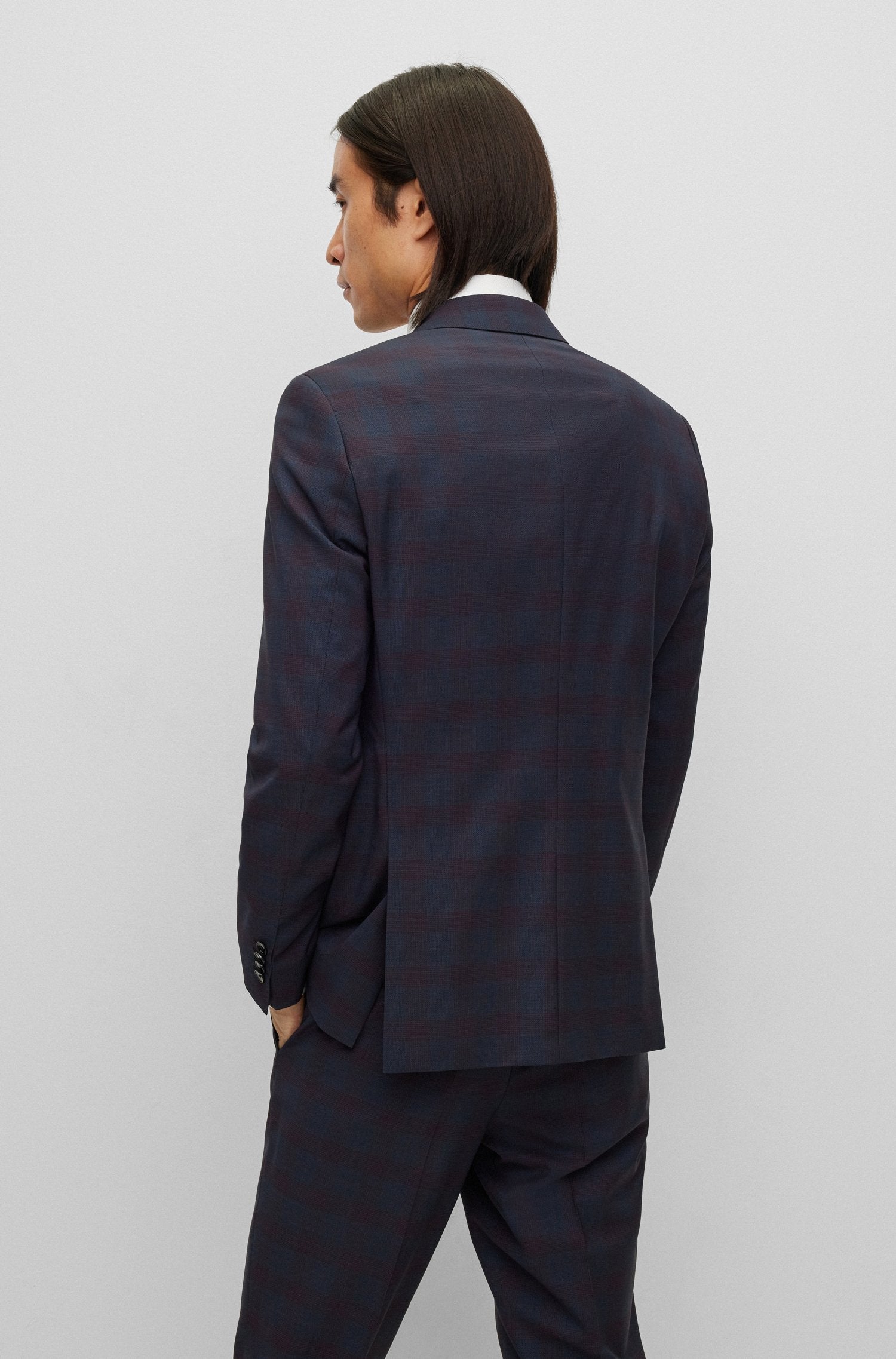 BOSS Slim-Fit Navy/Wine Subtle Check Pattern Suit in Virgin Wool