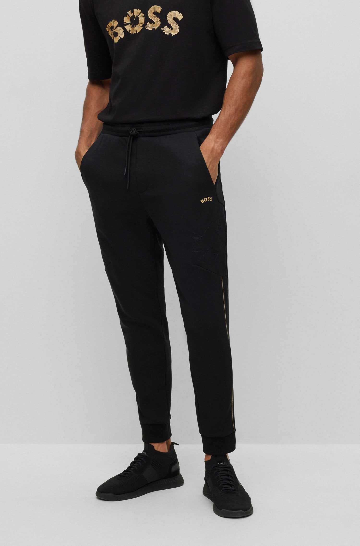 BOSS Stretch Jersey Tracksuit Bottoms with Grid Embroidery