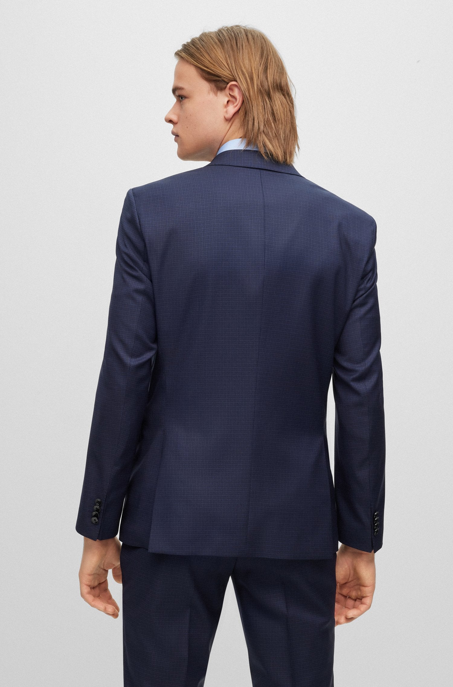 BOSS Slim-Fit Small Check Patterned Navy Suit