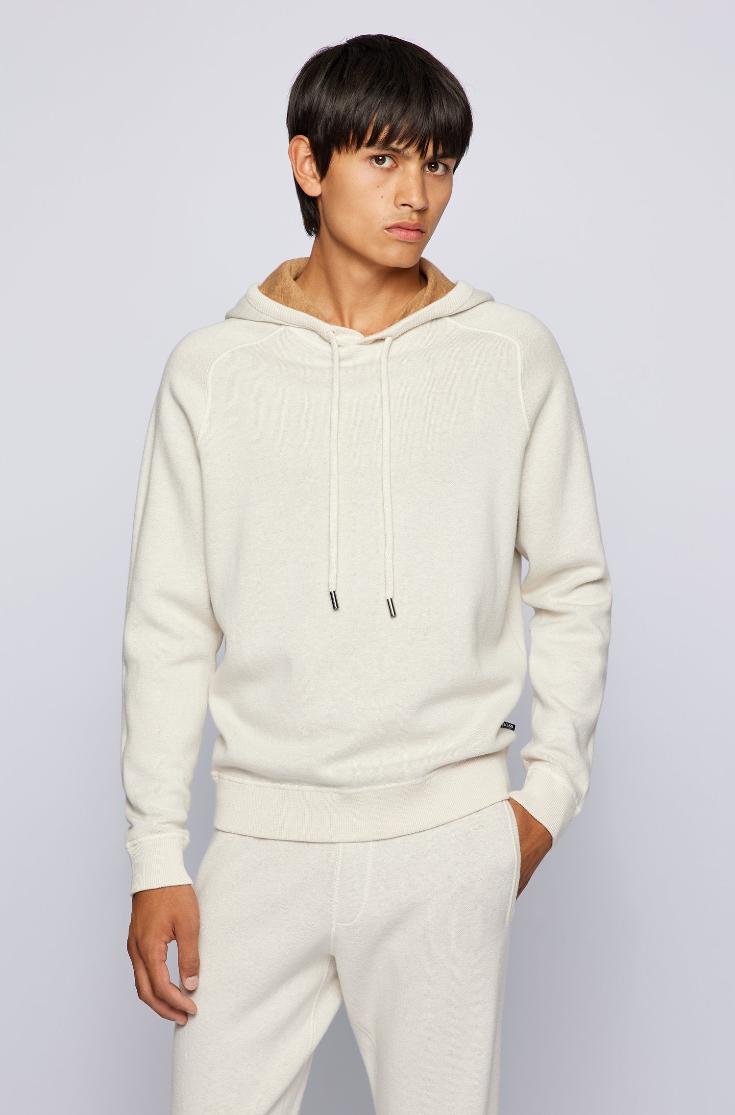 BOSS Wool Cotton Contrast Hooded Sweater in Open White