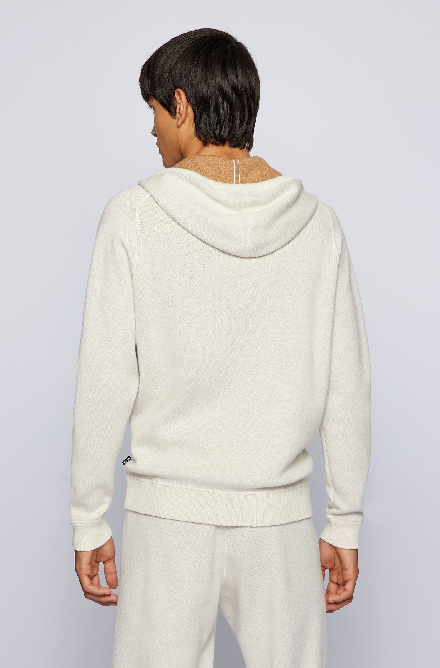 BOSS Wool Cotton Contrast Hooded Sweater in Open White