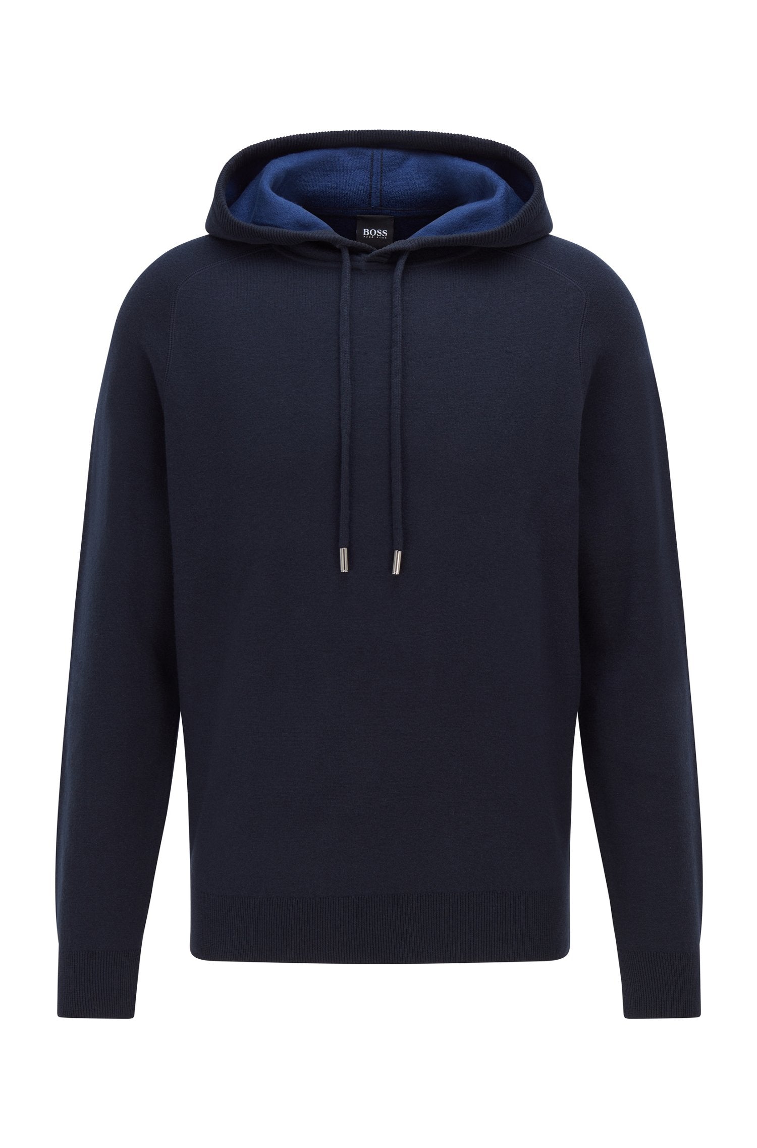 BOSS Wool Cotton Contrast Hooded Sweater in Dark Blue