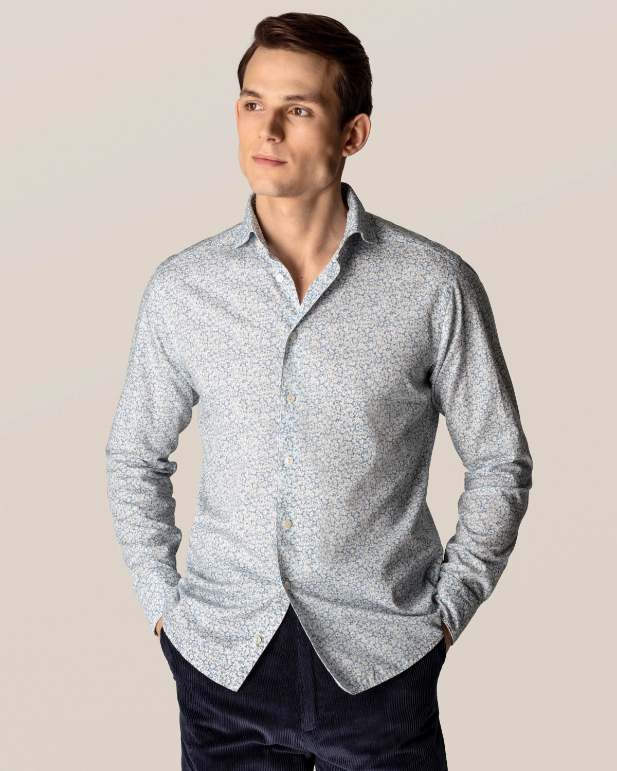 ETON Slim Fit Light Blue Floral Cotton-Tencel Shirt