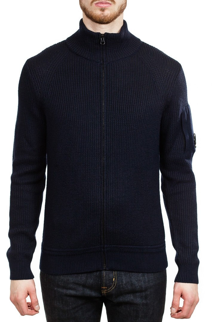 C.P. Company Lens Waffle Knit Zip Cardigan in Navy