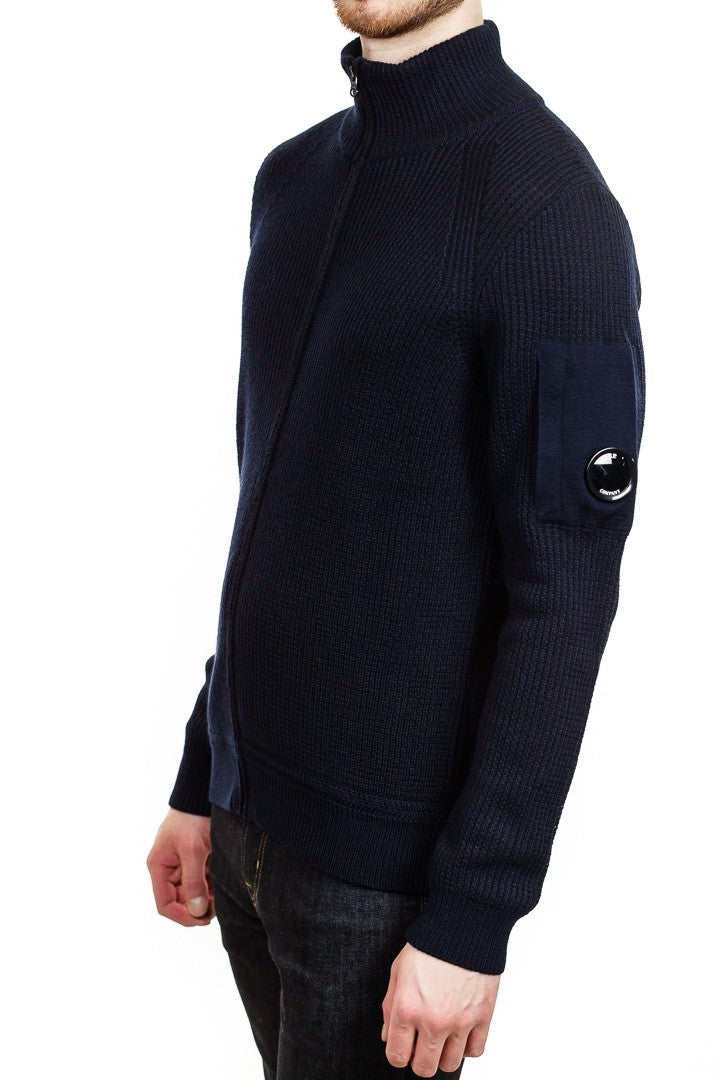 C.P. Company Lens Waffle Knit Zip Cardigan in Navy