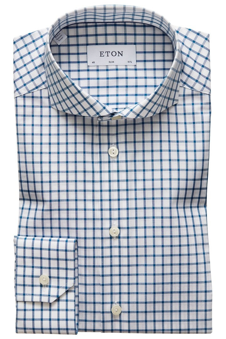 ETON Blue and White Check Twill Slim Fit Shirt