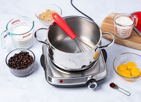 Ingredients laid out for coffee ice cream recipe.