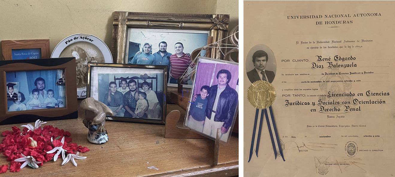 Photos of René Diaz Valenzuela and his family. René's law degree.