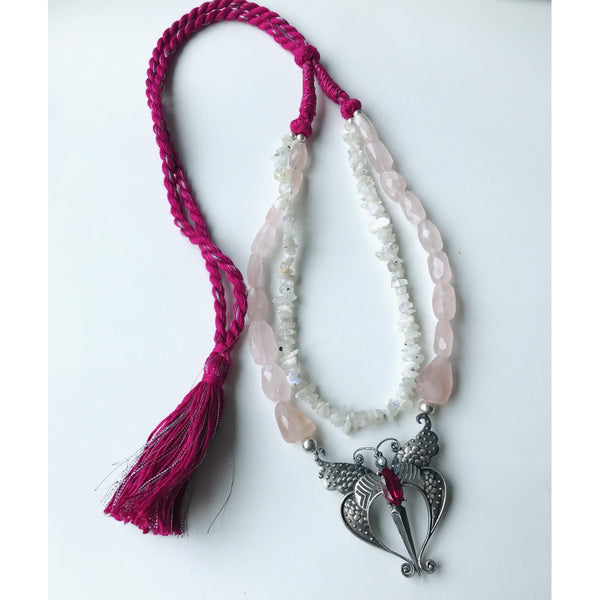 Apara Silver Pendant Necklace With Rose Quartz