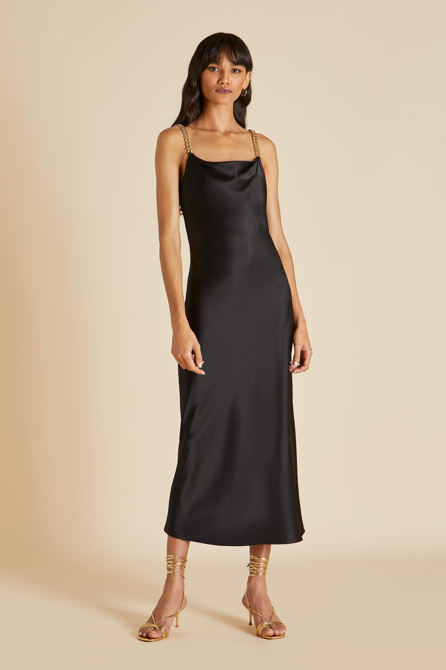 Olivia von Halle | The Bibi Jet Black | Chain Strap Luxury Silk Slip Dress