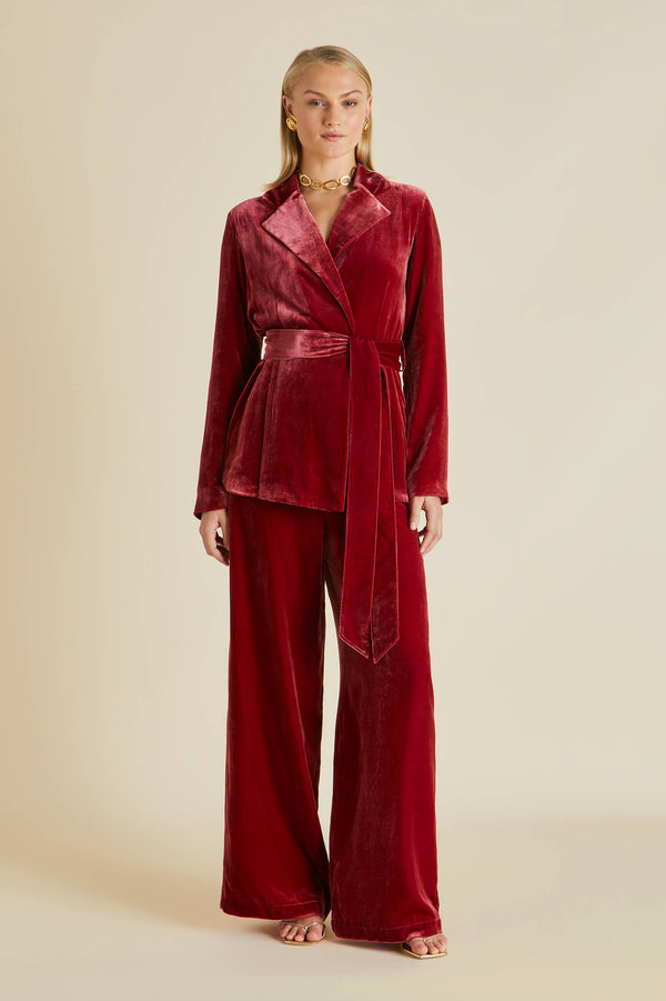 Olivia von Halle  Coco Port Red Silk Velvet Pajamas