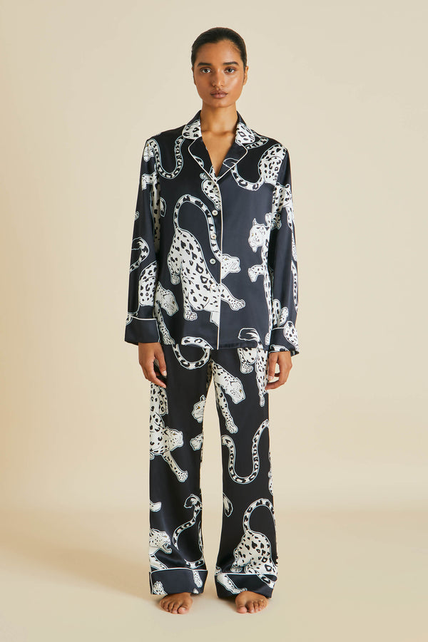 Women's Navy Leopard Washable Silk Pajamas - PoweredByPeople