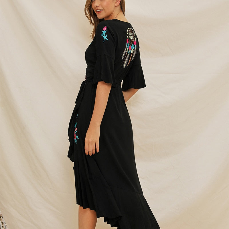 Embroidery Long Ruffle Floral Embroidered Vintage Maxi Boho Bohemian Dress