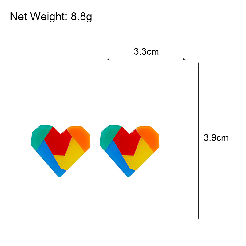 Rainbow Color Stitching Resin Love Heart Earrings