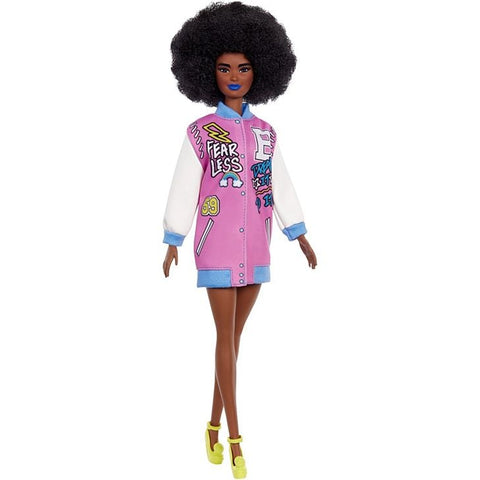 Barbie Fashionistas Doll 156 Brunette Afro Blue Lips Graphic Coat Yellow Shoes - GoodFind Toys