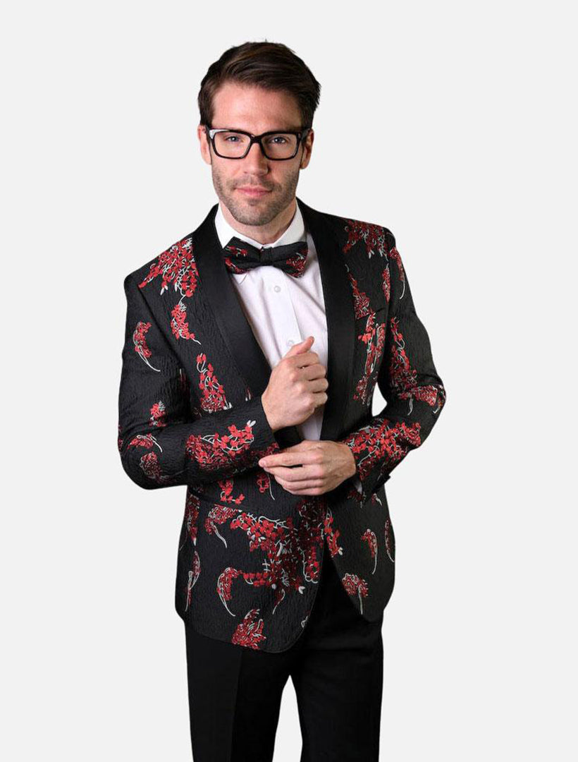 Statement Men's Black & Red Floral Patterned Tuxedo Jacket with Bow Ti ...