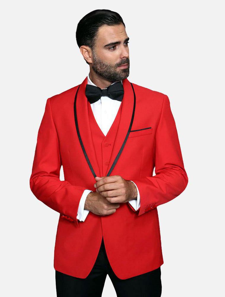 Statement Men's Red Vested with Black Trim Fine Lapel 100% Wool Tuxedo ...