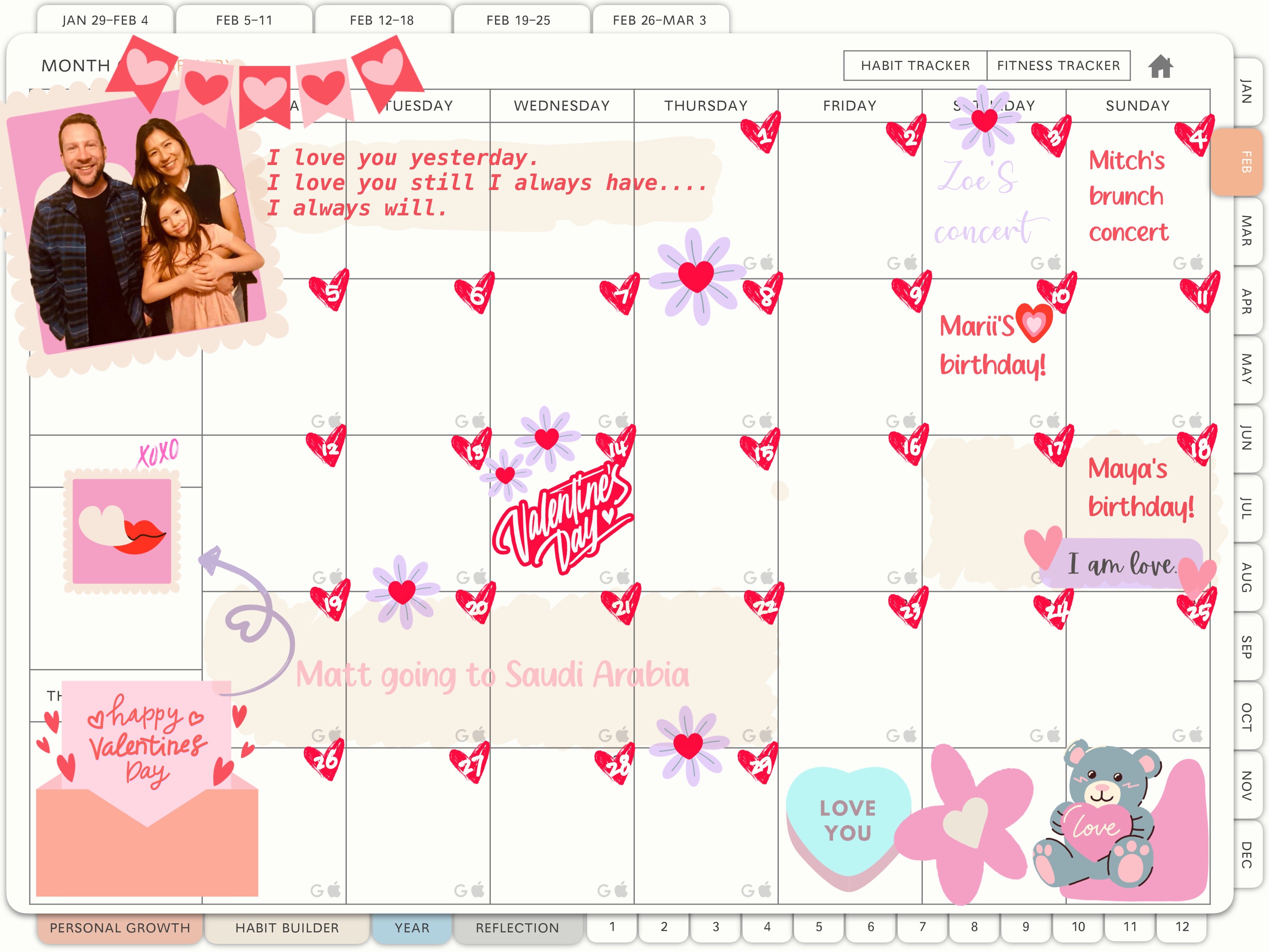 Digital planner decoration with personal photos and valentine day stickers