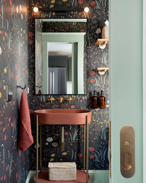 Vintage inspired aesthetic interior powder room design featuring Concretti Design sink Manhattan