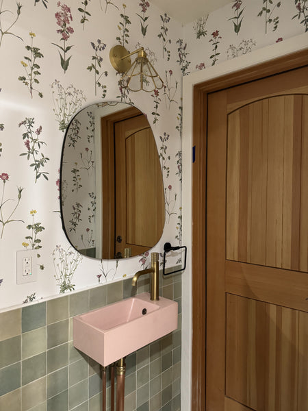 Vintage inspired aesthetic interior powder room design featuring Atlanta overflow sink from Concretti Designs