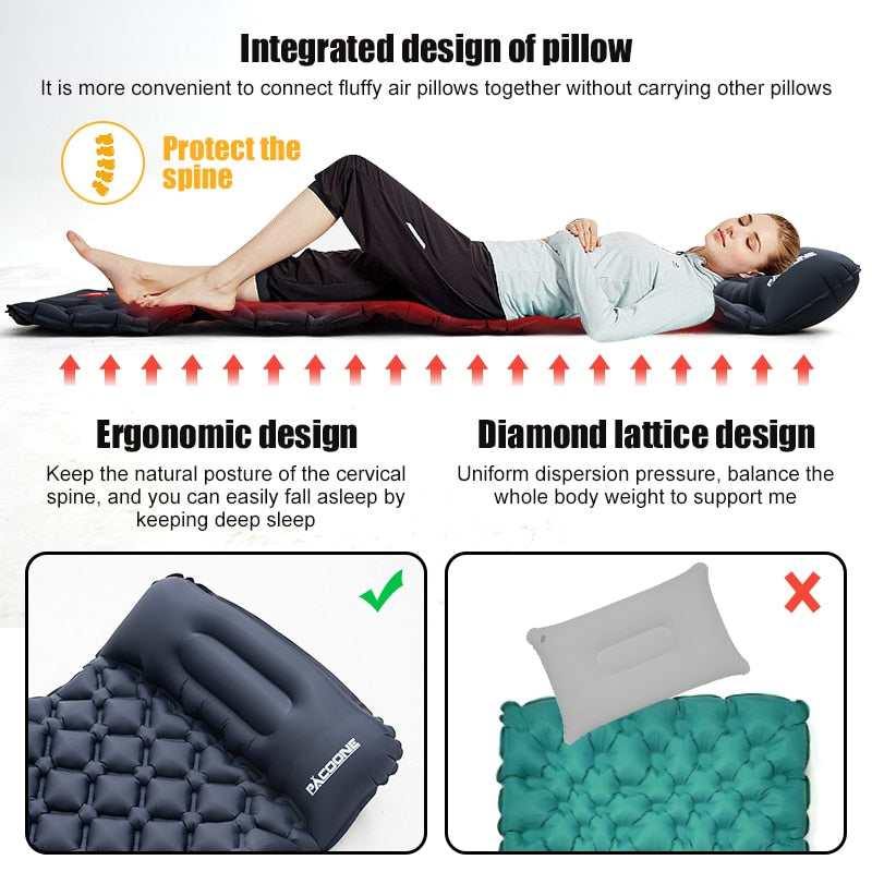 The PACOONE Outdoor Inflatable Mattress Sleeping Pad with Pillow is on a Ultralight Air Mat w/a Built-in Inflator Pump