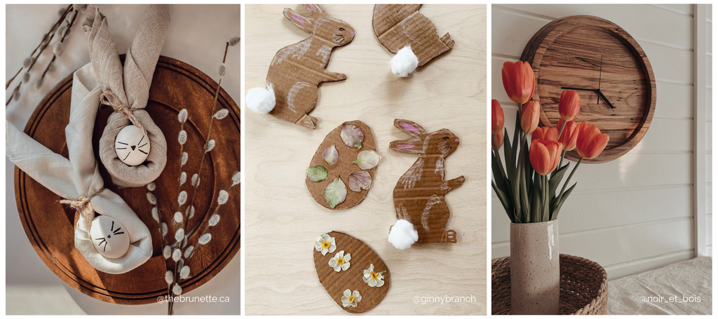 Decorate for spring with eco-friendly linen, handmade bunnies and fresh cut flowers.