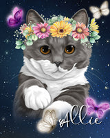Custom Pet Portraits with Beautiful  flower crown. Custom Cat portrait. Cat Mom Cat lover gift ideas. Pet Memorial gift pet loss gift- Kikipettee