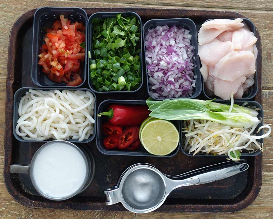 Prepped ingredients for Thai red curry noodle soup