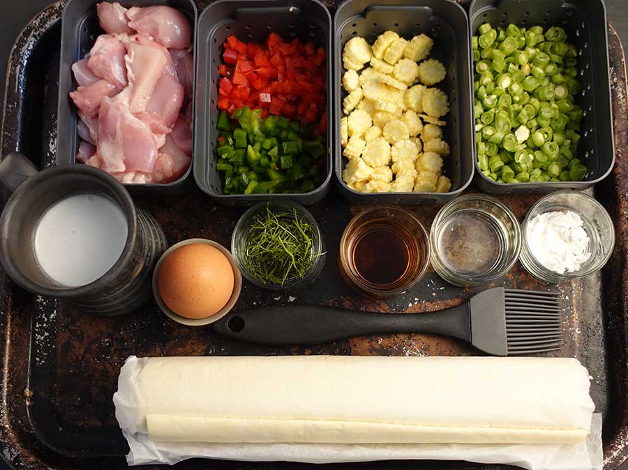 Prepped ingredients for curry pie