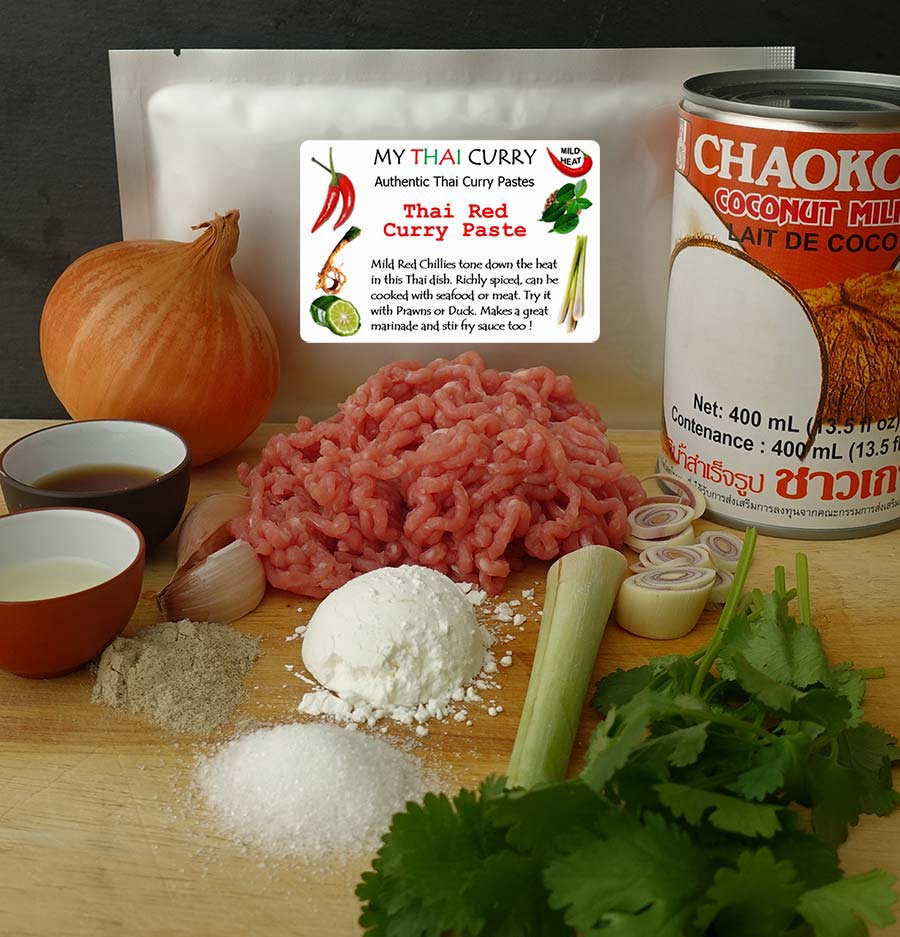 Ingredients for pork and lemongrass meatballs in Thai red curry sauce from mythaicurry.com