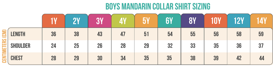 Boys Mandarin Collar Shirt Sizing Chart