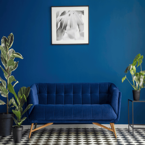 blue interior with print tiles