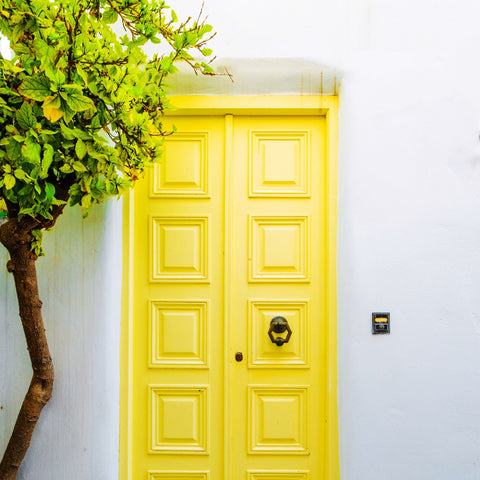 yellow door outside posh home