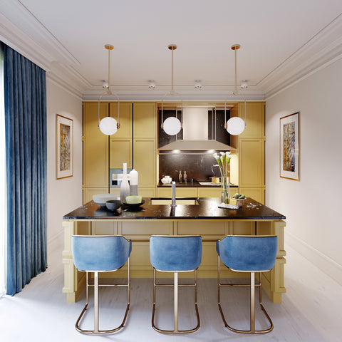 mustard shaker kitchen with blue chairs