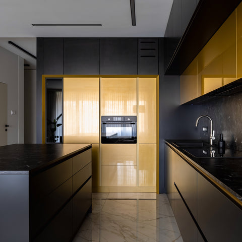 dark black and yellow slab contemporary kitchen