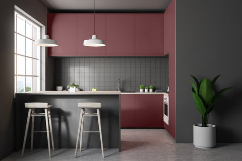 Modern kitchen closely matched to baked cherry by Little Greene