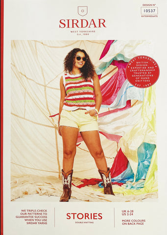 Image of Sirdar knitting pattern showing a cotton summer tank top in red, green and white stripes