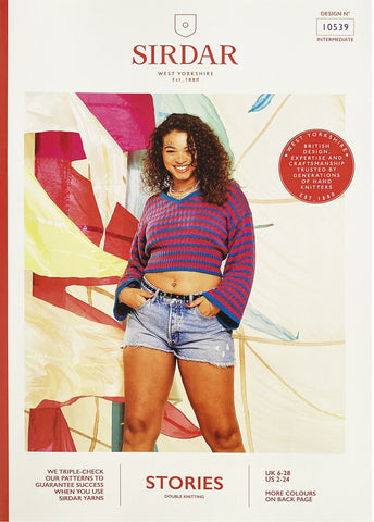 Image of knitting pattern cover showing summer cropped sweater in blue and pink stripes, with v neck and cow bell (flared) long sleeves