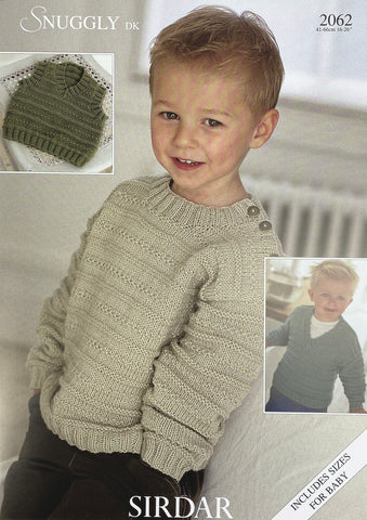 Knitting pattern featuring young boys in round and v neck sweaters knitted in DK yarn. There is also an inset picture showing the slipover design