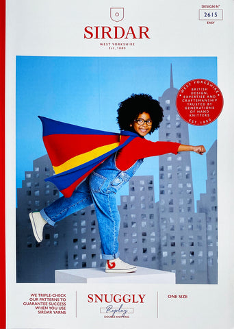 Image of cover of Sirdar knitting patter 2615 showing a child wearing a vertical stripe super hero cape in blue, red and yellow