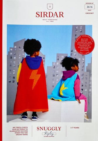 Image of cover of Sirdar crochet pattern to crochet a child's colourful hoodie with detachable super hero cape showing a lightening bolt or star