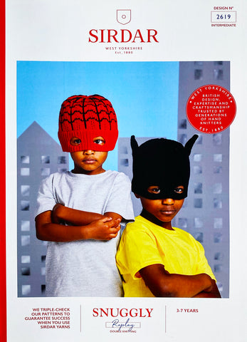 Image of cover of Sirdar knitting pattern 2619 showing a red beanie with web detail and black hat with ears. Both hats come down over the kids eyes and have cut outs - so they are part hat and part mask