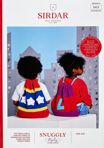 Image of cover of Sirdar knitting pattern showing two kids drawstring backpacks - one featuring five pointed star motifs and the other finished with an initial