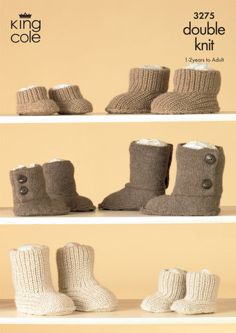 Image of cover of knitting pattern to knit hug slipper boots. Three designs are shown, each in two sizes and a range of colours from cream to beige to brown