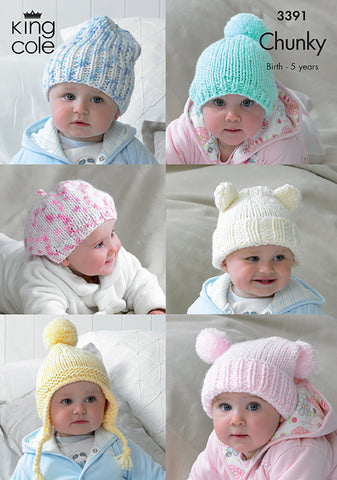Image of knitting pattern cover showing six baby hats to knit in chunky yarn