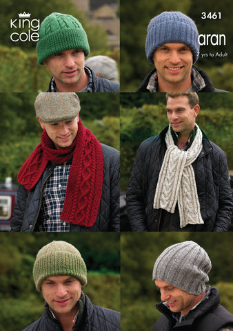 Image of knitting pattern cover showing 4 hats and 2 scarves to knit in Aran yarn for all the family